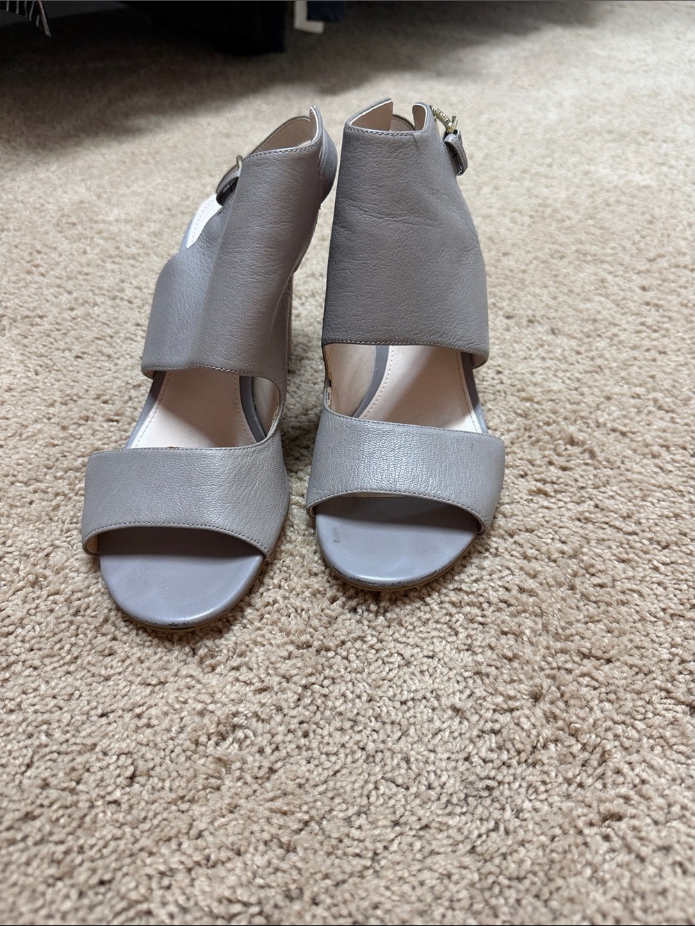 Cole Haan Gray Open-Toe Leather Ankle Strap Heels